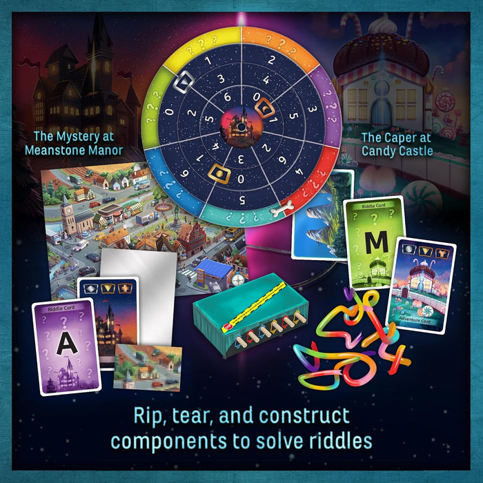 Circular decoder wheel, colorful riddle cards, a map, and neon twisty puzzle pieces for an escape room board game.
