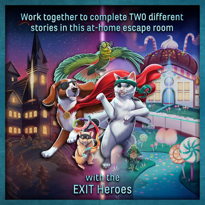 Five costumed animal heroes stand between a dark, spooky castle and a bright candy land featuring a cupcake house.