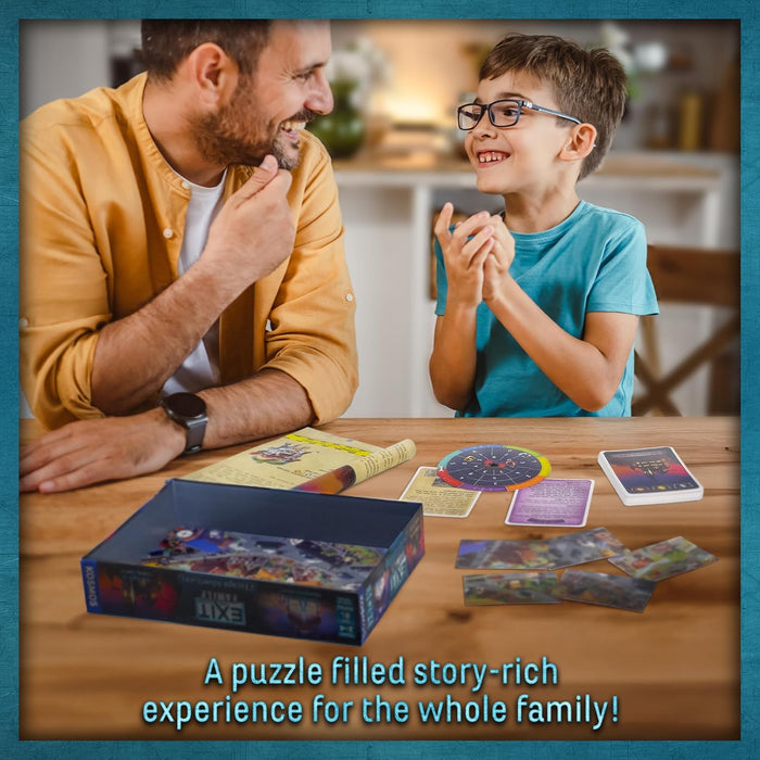 Father and son smile while playing the EXIT Family board game with cards and a decoder disk on a wooden table.