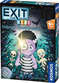 Spooky dark blue game box with a purple monster child, mummy, and skeleton in a moonlit forest with bats.
