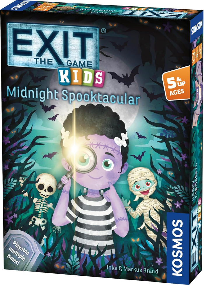 Spooky dark blue game box with a purple monster child, mummy, and skeleton in a moonlit forest with bats.