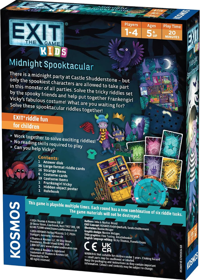Back of board game box showing cards, tokens, and a blue decoder disk against a dark teal, spooky castle background.