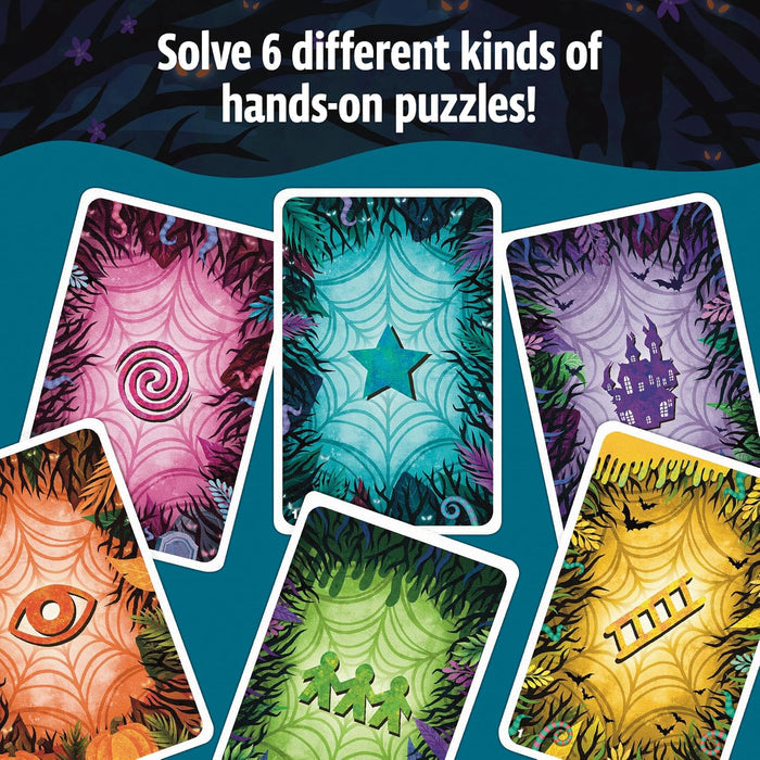 Six colorful cards with icons like a star and haunted house, displayed against a dark, spooky forest background.