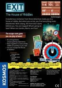 Back of board game box with dark background, circular decoder disk, cards, and game specs with a blue KOSMOS logo bar.