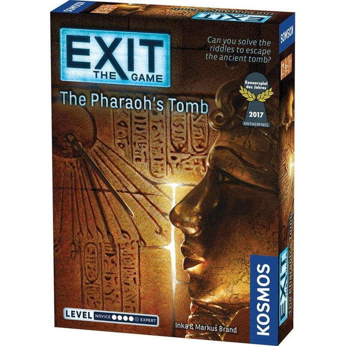 Blue and gold box for EXIT The Pharaoh’s Tomb featuring a golden pharaoh mask profile and ancient stone hieroglyphs.