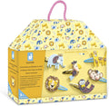 Yellow animal-patterned house box with pink handle, showcasing six colorful glittery felt animal hair clips.