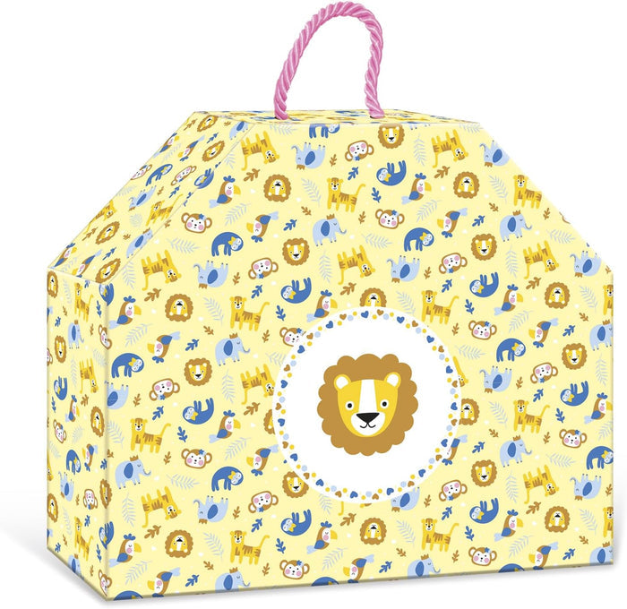 Yellow house-shaped box with a pink rope handle and cartoon safari animal patterns, featuring a central lion face.