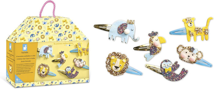 Yellow house-shaped craft box with six glittery, felt animal hair clips including a lion, elephant, monkey, and sloth.