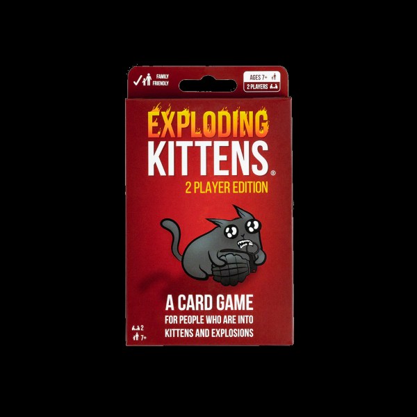 Red Exploding Kittens 2 Player Edition box featuring a cartoon grey kitten biting the pin of a grenade.