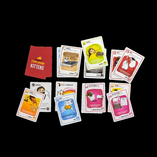 Red card deck and various illustrated game cards with colorful borders and quirky cartoons on a black background.