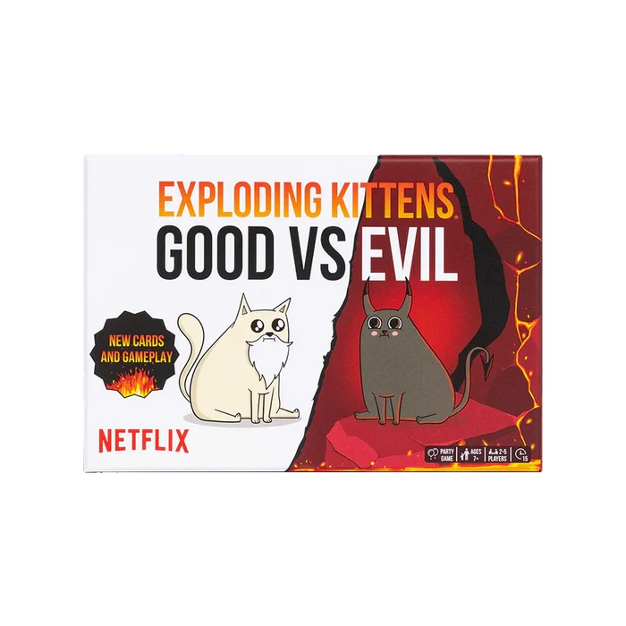 Game box featuring a white bearded cat on white and a horned black cat on a fiery red volcanic background.