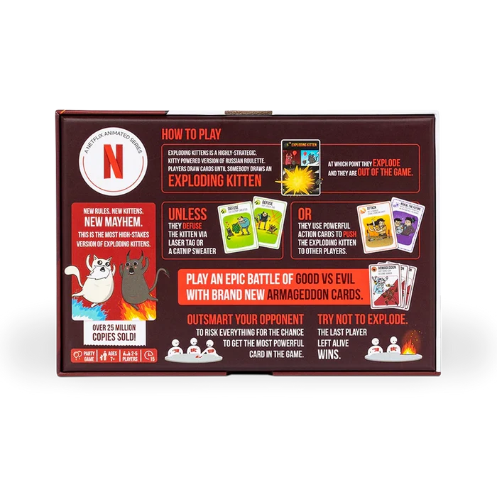 Back of a maroon game box with a Netflix logo, cartoon cat art, game instructions, and sample card illustrations.