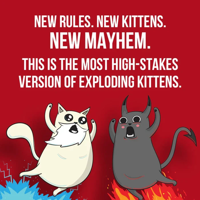 Red image with white text and cartoon cats: a bearded white cat and a horned grey cat leaping over blue and red energy.