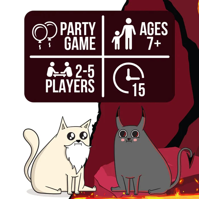 White bearded cat and gray devil cat below game info: party game, 2-5 players, ages 7+, 15 minute play time.