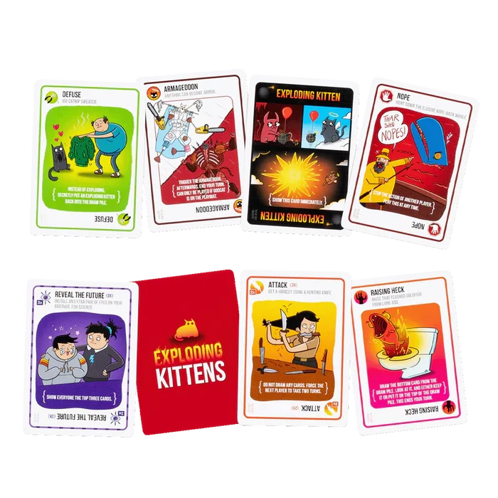 Eight colorful cards with quirky cartoon art and a red card back featuring the Exploding Kittens logo.