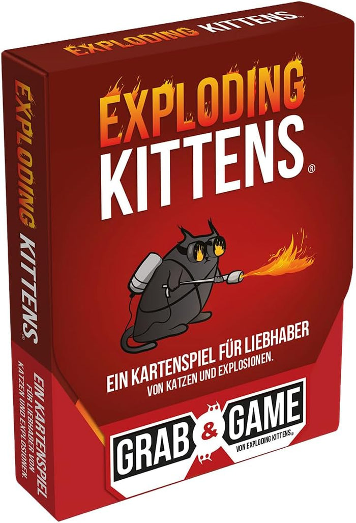 Small red card game box featuring a cartoon black cat with goggles and a flamethrower, with bold text titles.