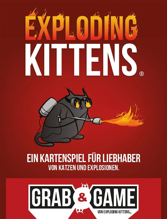 Red card game cover featuring a black cat with goggles using a flamethrower below fiery text and a Grab & Game logo.