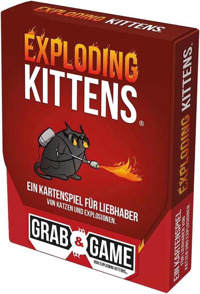 Red Exploding Kittens Grab & Game box featuring a black cat using a flamethrower and German text subtitles.