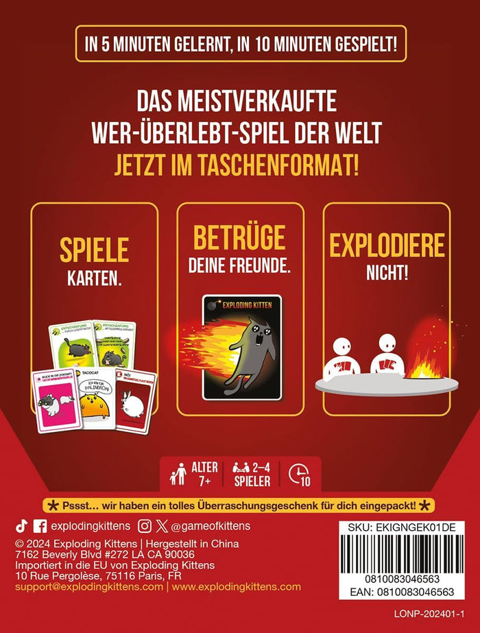 Red German promo image showing game cards, an exploding cartoon cat, and icons for age, players, and game time.