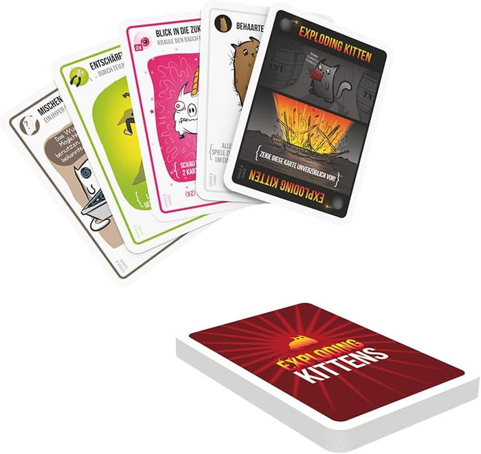 Five colorful illustrated game cards fanned out above a thick red deck with a yellow sunburst design and white text.