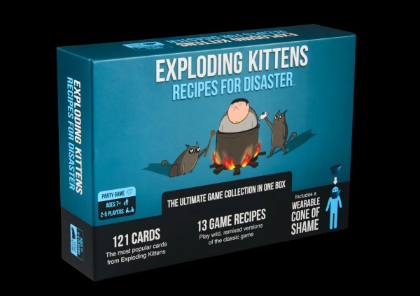 Teal game box featuring cats cooking a man in a pot. Includes 121 cards, 13 game recipes, and a wearable cone of shame.