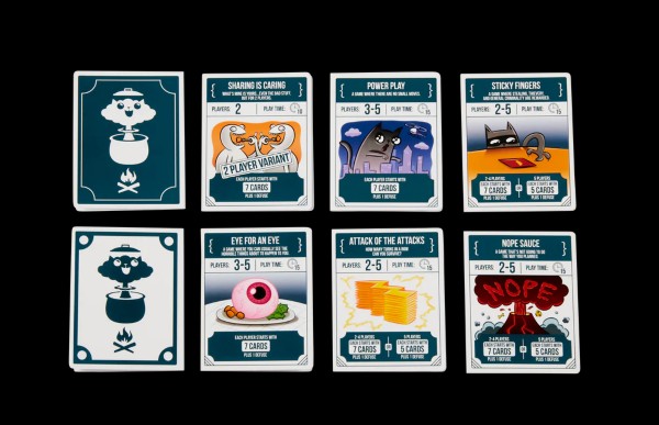 Eight teal and white recipe cards in two rows, featuring quirky cartoon illustrations and various gameplay instructions.