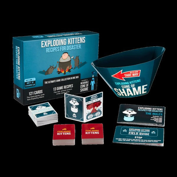 Teal Exploding Kittens box with red and teal cards, booklets, and a large teal wearable Cone of Shame.