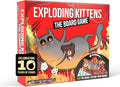 Red Exploding Kittens board game box featuring a cartoon cat with fire eyes and a 3D pop-up board preview.