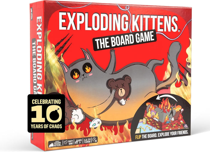 Red Exploding Kittens board game box featuring a cartoon cat with fire eyes and a 3D pop-up board preview.