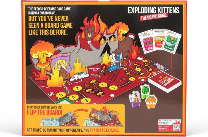 Back of board game box showing a red board, cards, tokens, and a large cat illustration amidst flames and explosions.