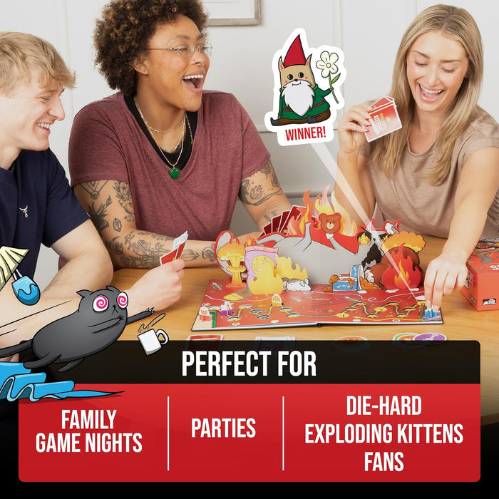 Three people play a red pop-up board game with cartoon explosions. Text notes it is perfect for families and parties.