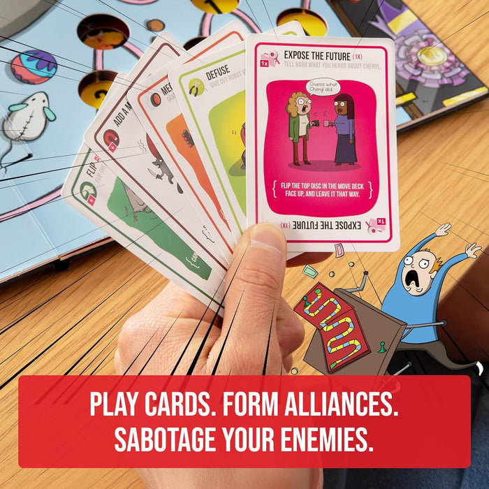 Hand holding a fan of illustrated cards over a colorful board game with cartoon art and a red banner.