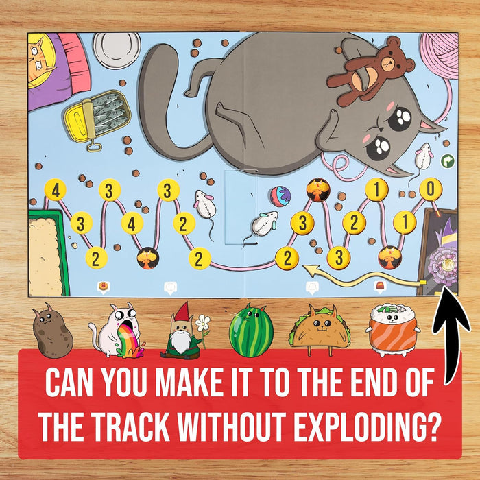 Colorful board game layout with a large gray cat, a pink winding path of numbered circles, and quirky character icons.