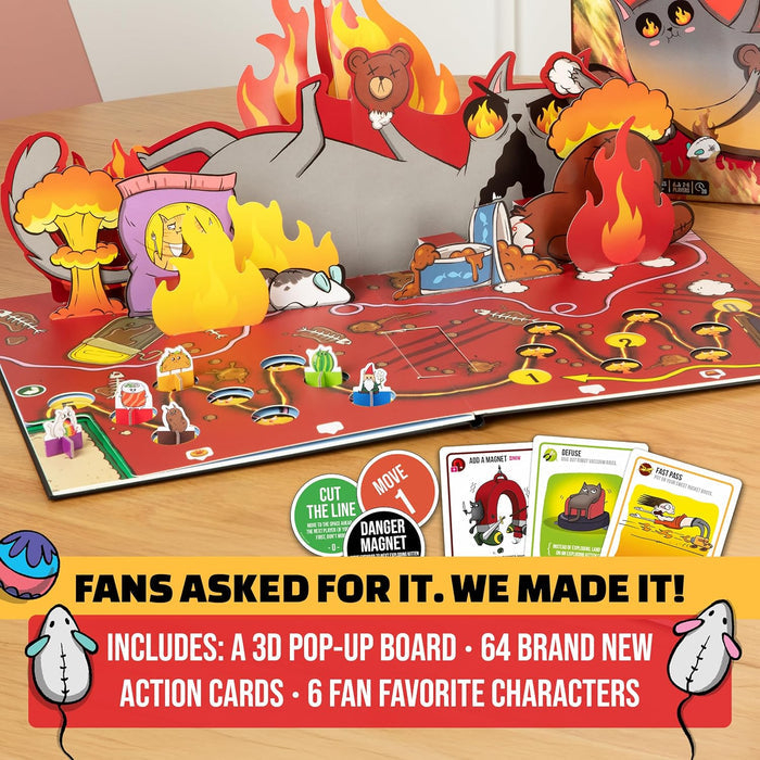 3D pop-up board game with fiery red graphics, cartoon cat tokens, and action cards on a tabletop.