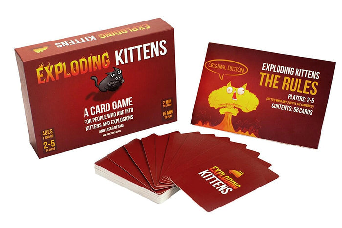 Red Exploding Kittens box, rulebook, and a fan of red cards with the game logo on a white background.