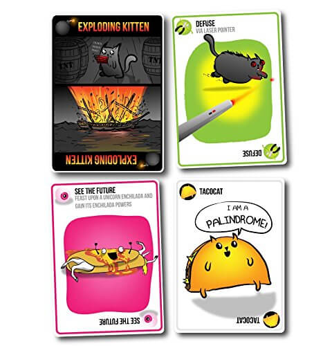 Four illustrated playing cards with colorful borders and humorous cartoons of a taco cat and an exploding kitten.