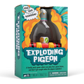 Teal game box featuring a grey plastic pigeon on red dynamite sticks, framed by a bright orange explosion graphic.
