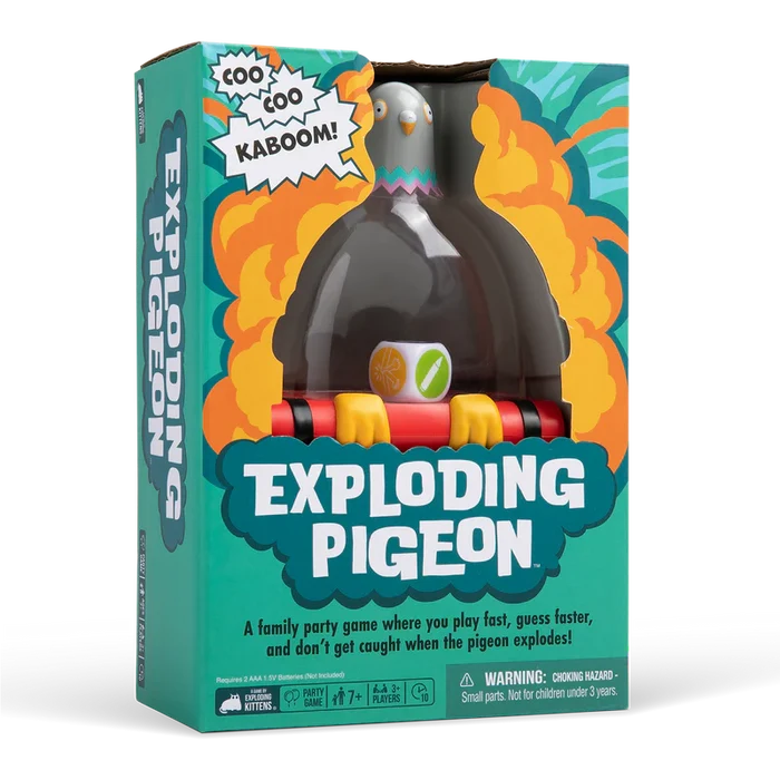 Teal game box featuring a grey plastic pigeon on red dynamite sticks, framed by a bright orange explosion graphic.