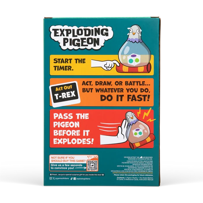 Back of teal Exploding Pigeon box with instructions in yellow, orange, and red panels and a pigeon-shaped timer shaker.