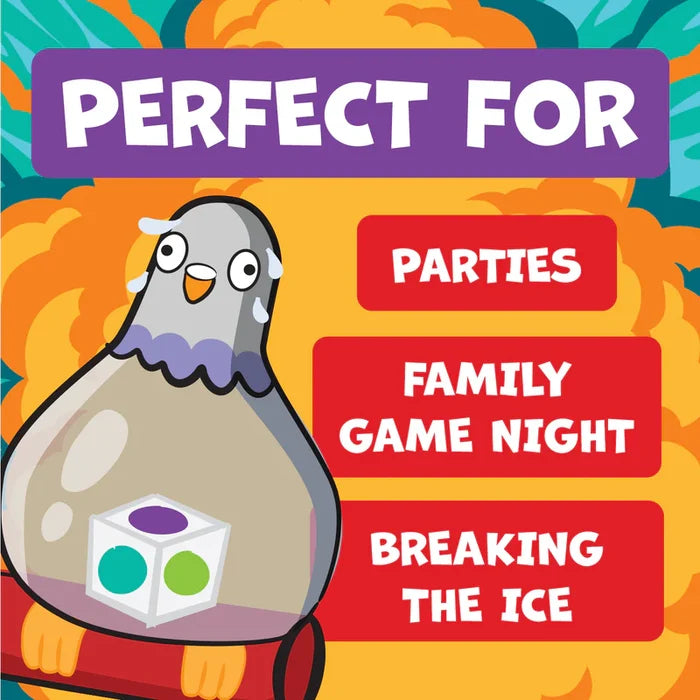 Sweating cartoon pigeon with a die inside. Text: Perfect for parties, family game night, and breaking the ice.