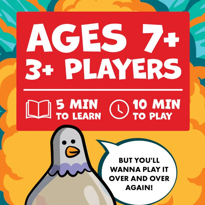 Red banner with ages 7+ and 3+ players above a cartoon pigeon and speech bubble on a vibrant orange and teal background.