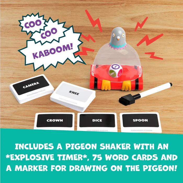 Bird-shaped dice shaker with a clear dome and red base, word cards, and marker on a wooden table with comic graphics.