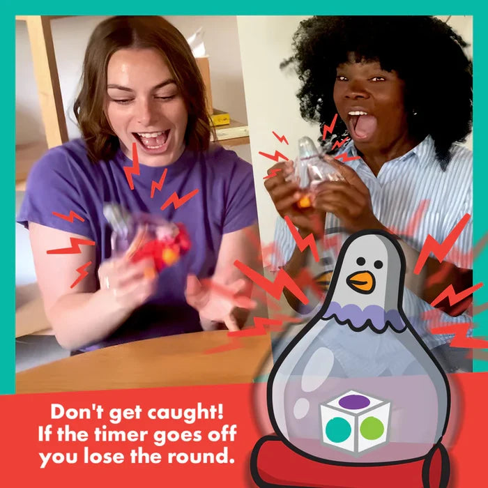 Two women playing with a clear bird-shaped timer next to a cartoon pigeon graphic with a colorful die inside.