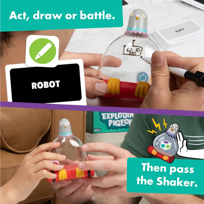 Players draw on a clear pigeon-shaped game shaker and pass it to one another.