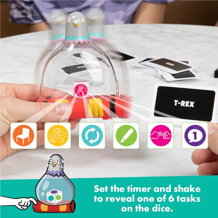 Hand holding a pigeon-themed shaker with a die inside, game cards, and colorful icons for drawing and acting tasks.