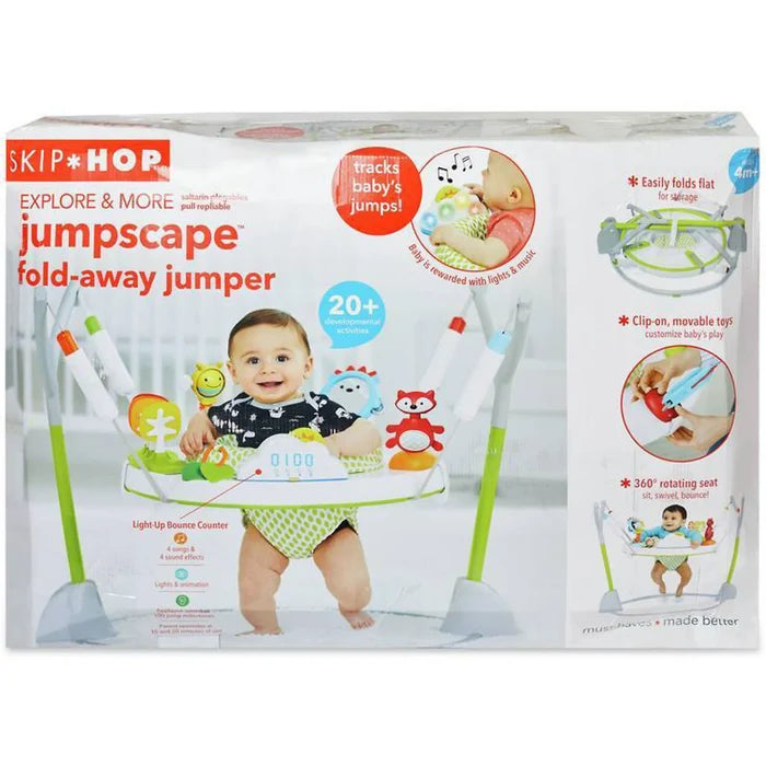 Skip Hop jumper box featuring a baby in a green seat with colorful toys, a light-up counter, and a foldable grey frame.