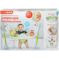 Skip Hop jumper box featuring a baby in a green seat with colorful toys, a light-up counter, and a foldable grey frame.
