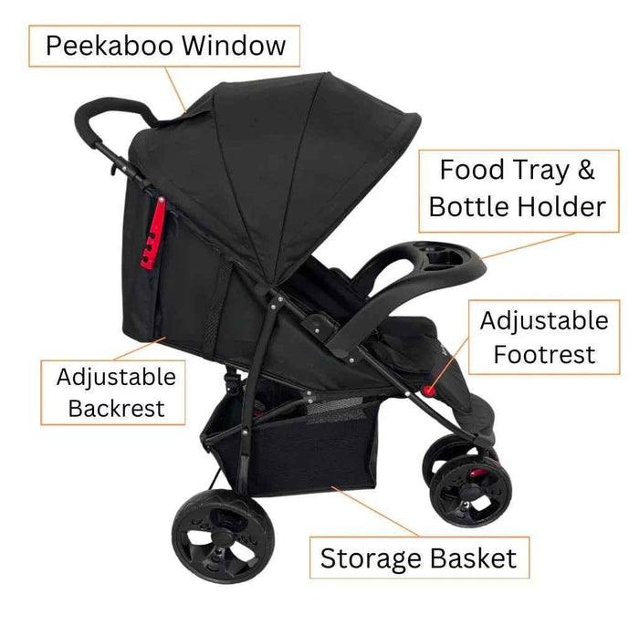 Baby Way NZ Explorer 3-Wheel Umbrella Stroller with food tray, lightweight frame, and adjustable canopy for easy strolling.