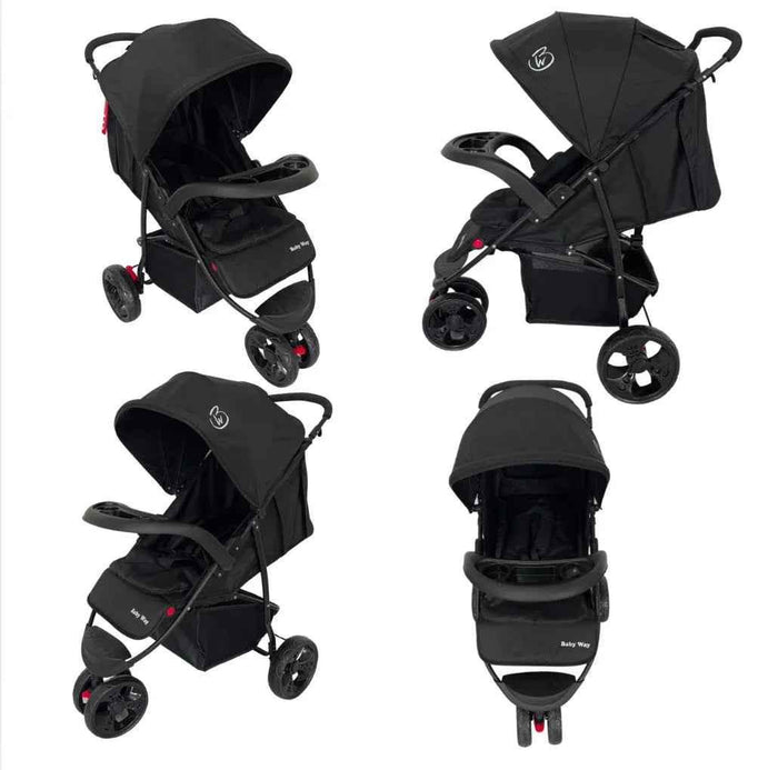 Baby Way NZ Explorer 3-Wheel Umbrella Stroller with food tray, lightweight design, and adjustable canopy for easy strolls.
