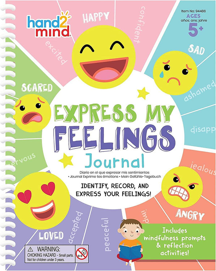 Colorful Express My Feelings spiral journal with emoji faces and emotion labels in a segmented wheel design.